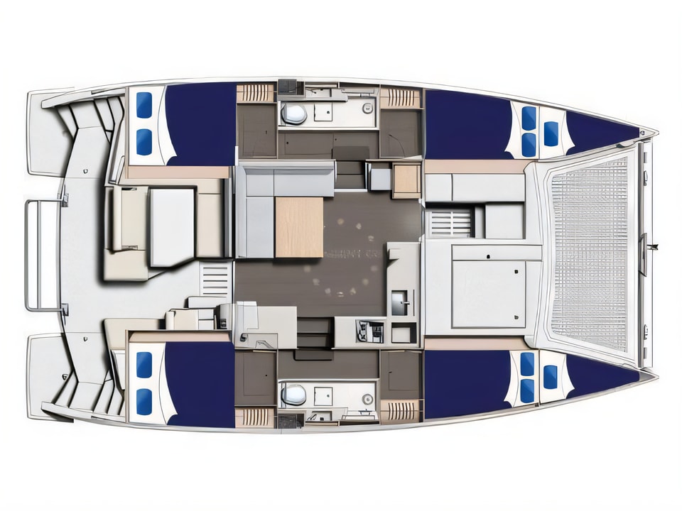 Layout of Moorings 4000 catamaran with 4 cabins Croatia yacht charter