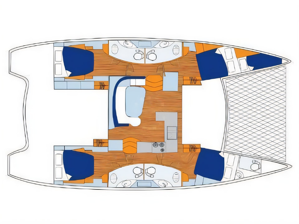 Layout of Sunsail 454 catamaran with 5 cabins Croatia yacht charter