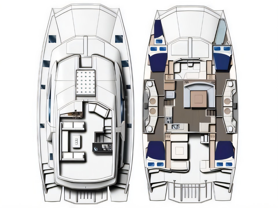 Layout of Moorings 514 PC power catamaran with 5 cabins Croatia yacht charter