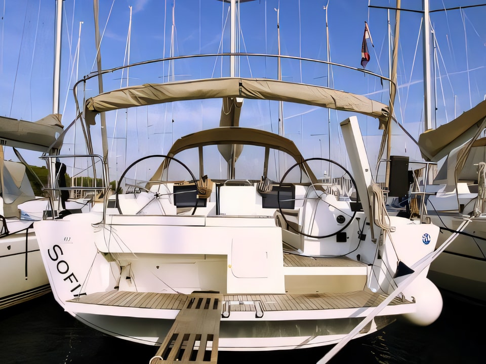 Exterior overview of Dufour 412 Grand large sail boat for charter from Rogoznica Marina Frapa in the Sibenik sailing area Croatia