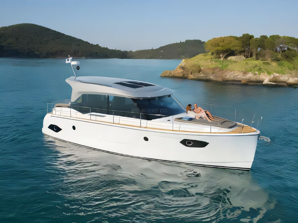 Exterior overview of Bavaria E40 Sedan motor boat for charter from Biograd Kornati in the Zadar sailing area Croatia