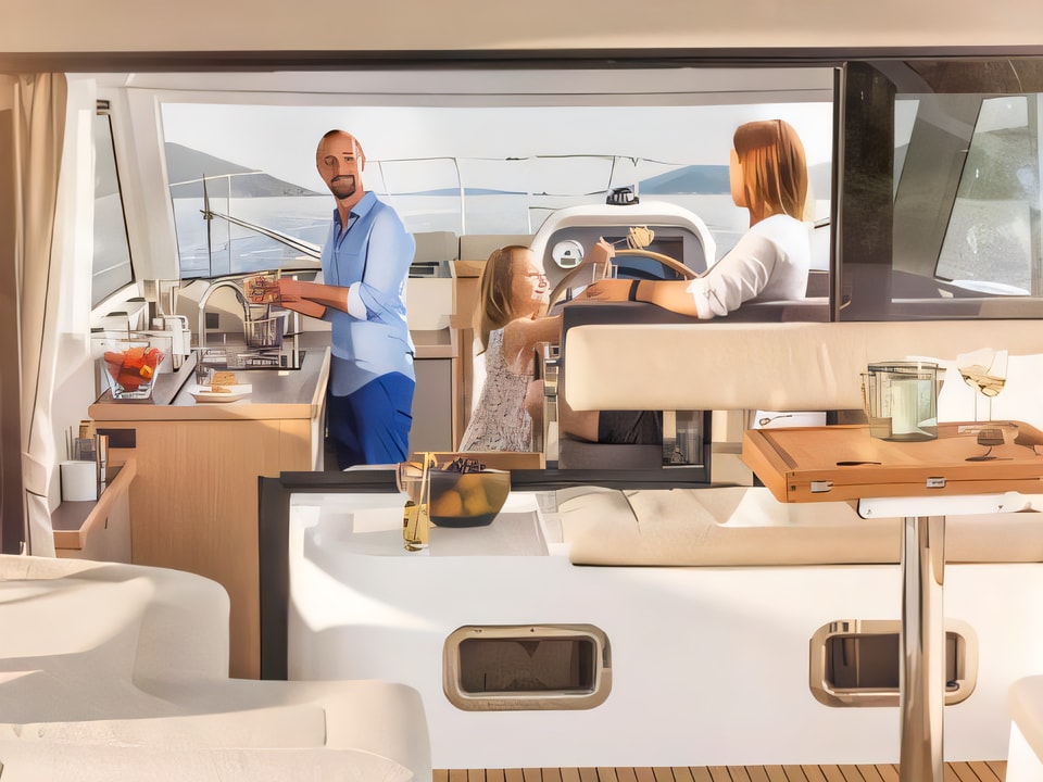 Interior of Bavaria E40 Sedan motor boat with 3 cabins Croatia yacht charter