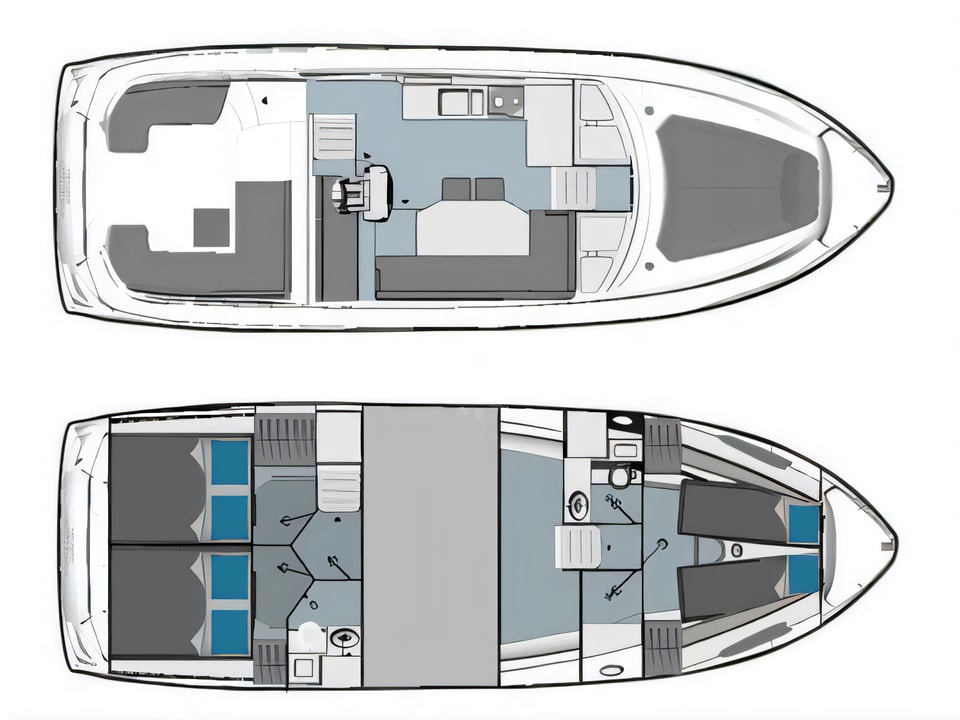 Layout of Bavaria E40 Sedan motor boat with 3 cabins Croatia yacht charter