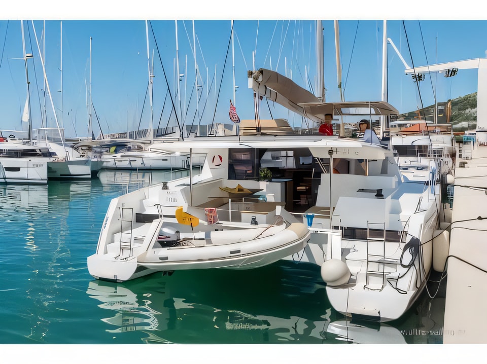 Exterior overview of Helia 44 catamaran for charter from Seget Donji Marina Baotic in the Split sailing area Croatia