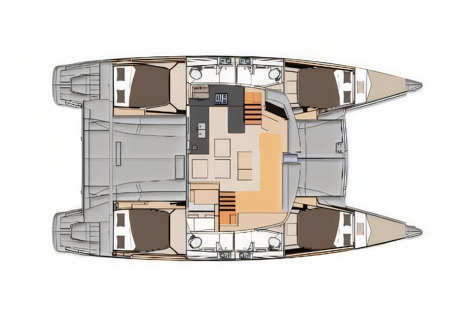 Layout of Helia 44 catamaran with 6 cabins Croatia yacht charter