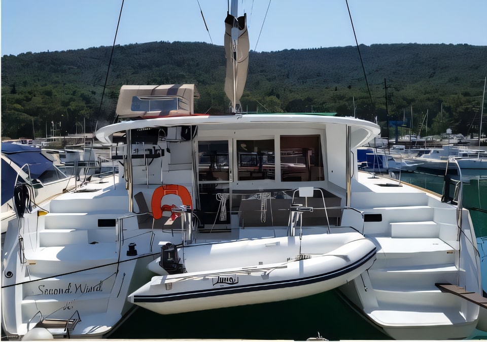 Exterior overview of Lagoon 400 S2 catamaran for charter from Split ACI Marina in the Split sailing area Croatia
