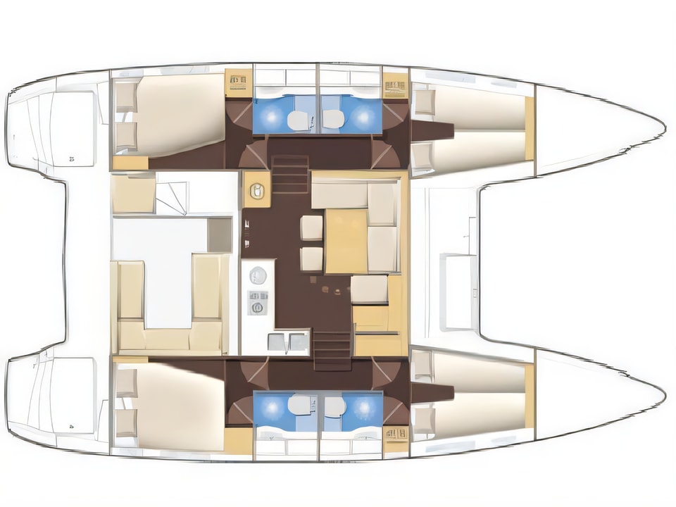 Layout of Lagoon 400 S2 catamaran with 6 cabins Croatia yacht charter