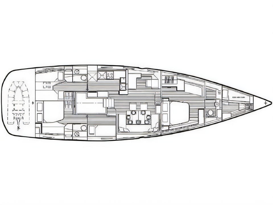 Layout of Jeanneau 64 sail boat with 5 cabins Croatia yacht charter