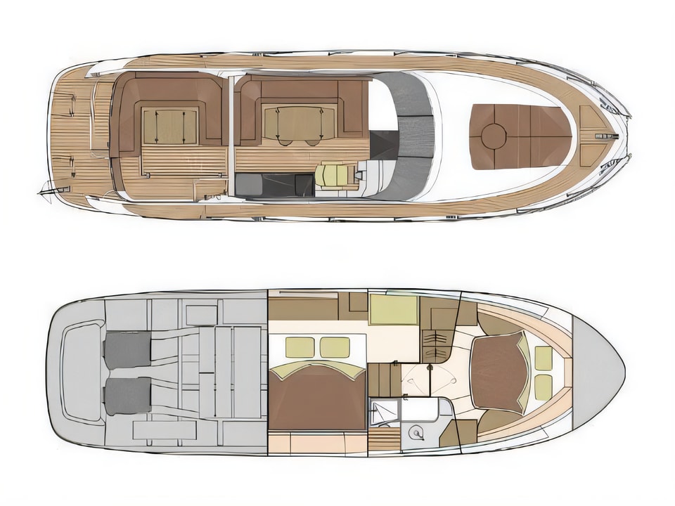 Marex 375 yacht interior layout with 2 cabins for charter in Croatia
