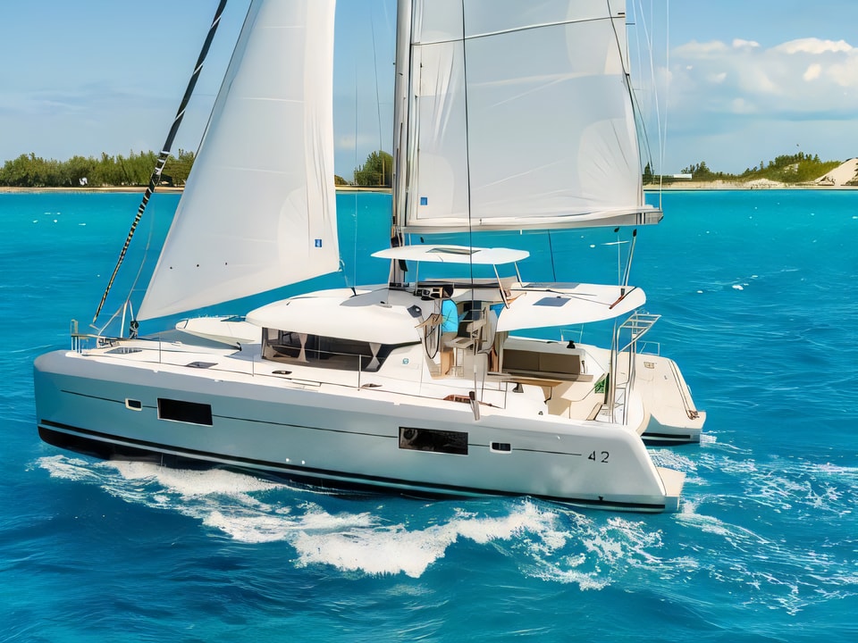 Exterior overview of Lagoon 42 catamaran for charter from Sibenik Marina Mandalina in the Sibenik sailing area Croatia