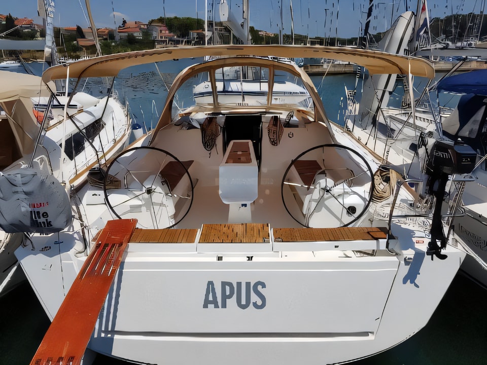 Exterior overview of Dufour 412 Grand Large sail boat for charter from Pula Tehnomont Marina Veruda in the Istria / Kvarner sailing area Croatia