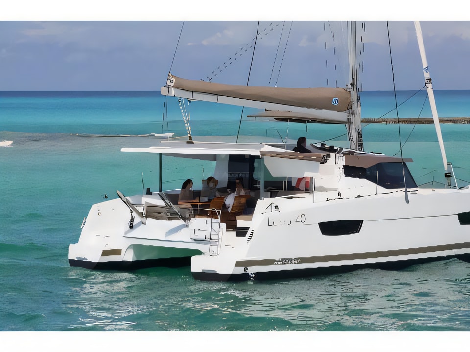 Exterior overview of Lucia 40 (4cab. / 2hds) catamaran for charter from Kastela Gomilica Marina in the Sibenik sailing area Croatia