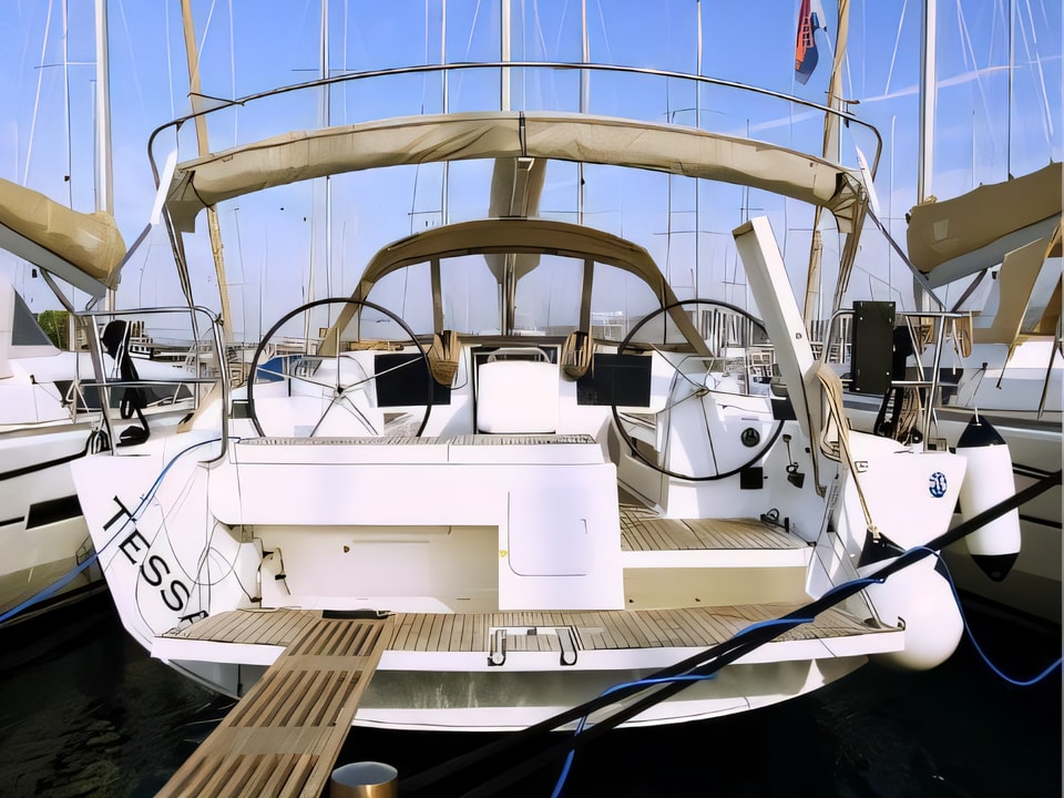 Exterior overview of Dufour 412 Grand large sail boat for charter from Rogoznica Marina Frapa in the Sibenik sailing area Croatia