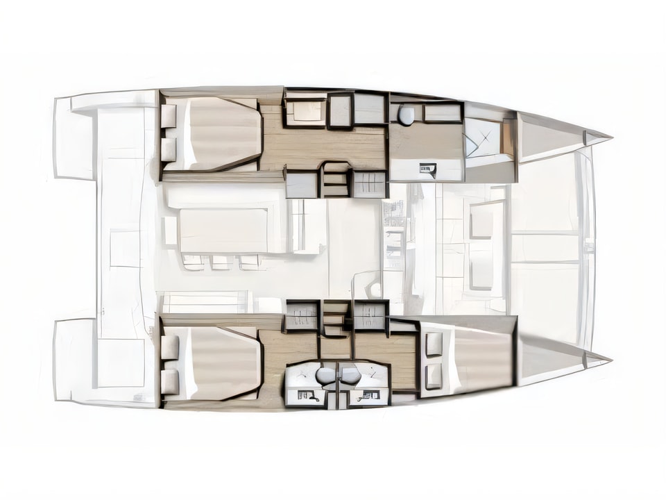 Layout of Bali 4.0 catamaran with 3 cabins Croatia yacht charter