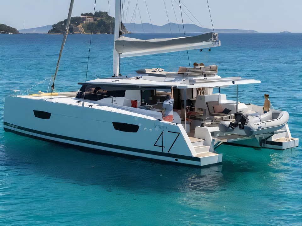 Exterior overview of Fountaine Pajot Saona 47 catamaran for charter from Kastela Gomilica Marina in the Sibenik sailing area Croatia