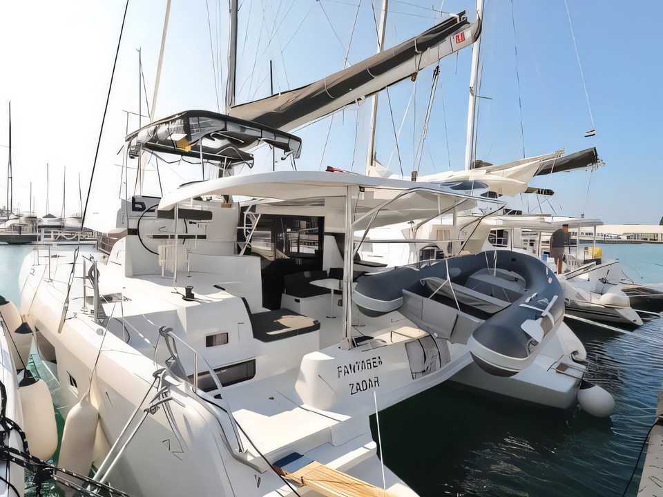 Exterior overview of Lagoon 42 catamaran for charter from Sukosan Marina Dalmacija in the Zadar sailing area Croatia