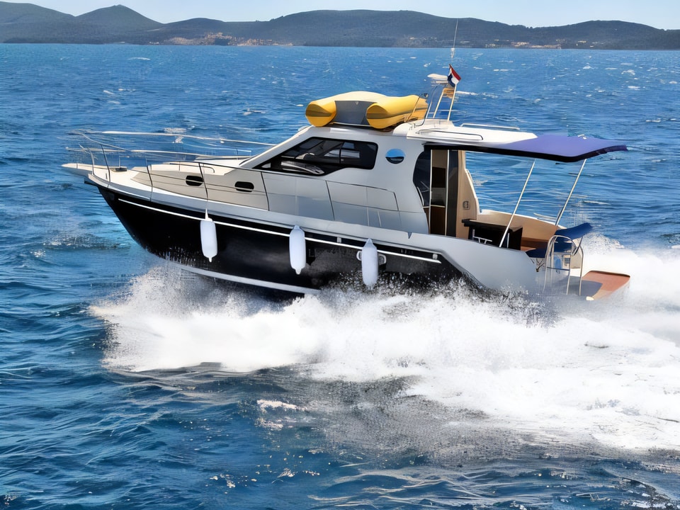 Exterior overview of VEKTOR 950 BT motor boat for charter from Sukosan Marina Dalmacija in the Zadar sailing area Croatia