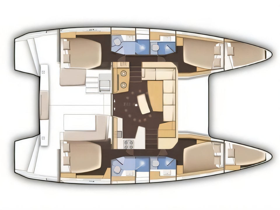 Layout of Lagoon 42 catamaran with 6 cabins Croatia yacht charter