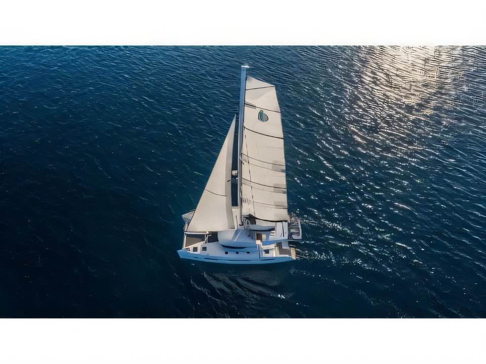 Exterior overview of Lagoon 50 equipped with airconditioning (saloon + cabins), generator, watermaker, ice maker, dishwasher, washer / dryer, 2 SUP catamaran for charter from Split Marina Mornar in the Split sailing area Croatia