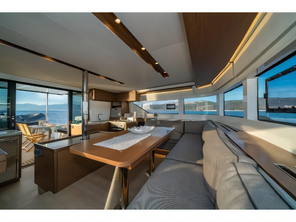 Interior of Lagoon 50 equipped with airconditioning (saloon + cabins), generator, watermaker, ice maker, dishwasher, washer / dryer, 2 SUP catamaran with 4 cabins Croatia yacht charter