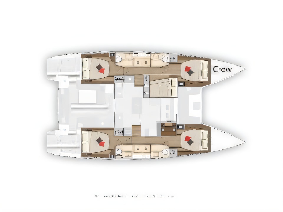 Layout of Lagoon 50 equipped with airconditioning (saloon + cabins), generator, watermaker, ice maker, dishwasher, washer / dryer, 2 SUP catamaran with 4 cabins Croatia yacht charter
