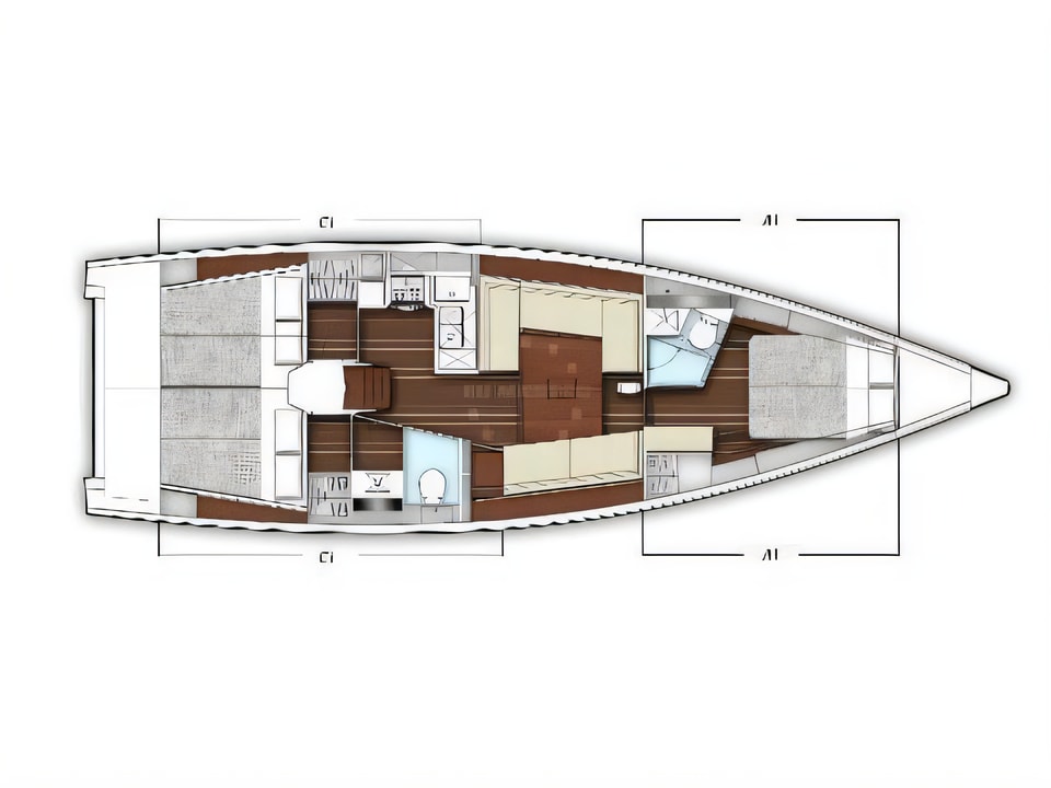 Layout of X-Yacht 4-3 sail boat with 3 cabins Croatia yacht charter