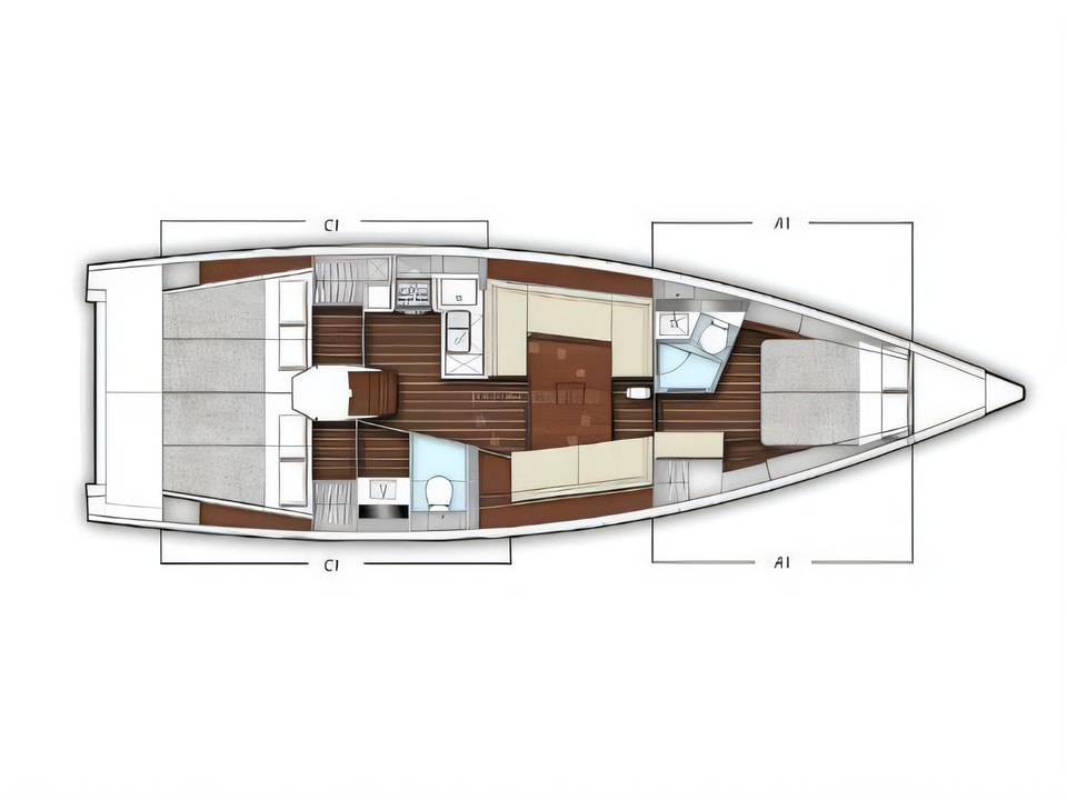 Layout of X-Yacht 4-3 sail boat with 3 cabins Croatia yacht charter