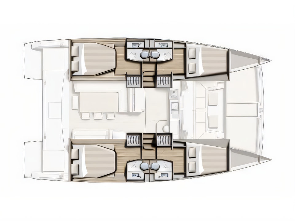 Layout of Bali 4.0 catamaran with 4 cabins Croatia yacht charter