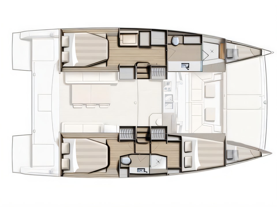 Layout of Bali 4.0 catamaran with 3 cabins Croatia yacht charter