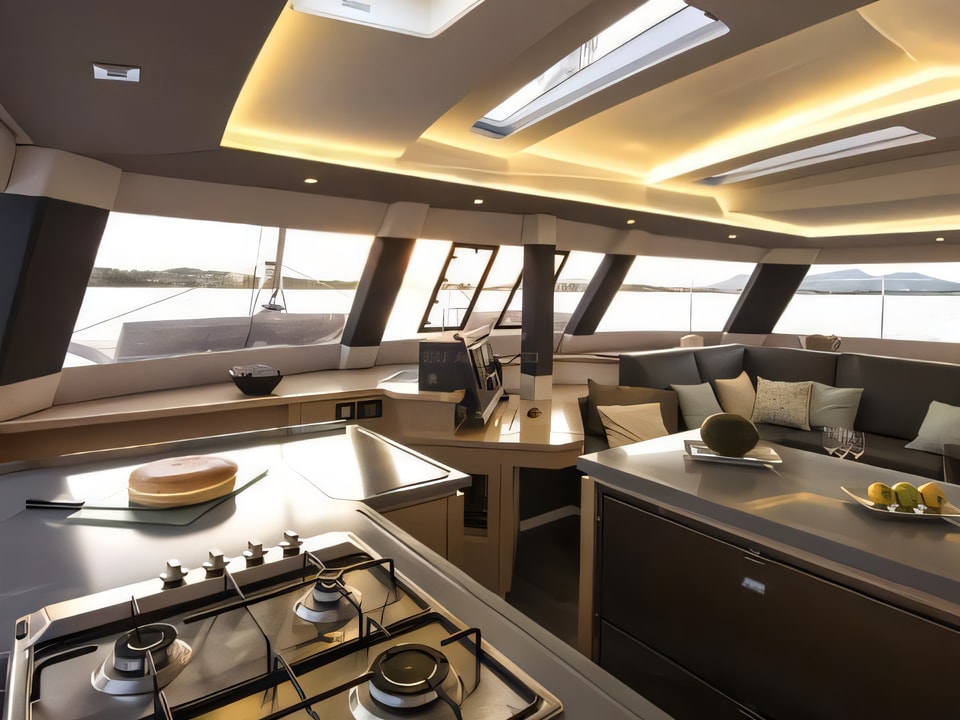 Interior of Saba 50 Quintet (6+1) catamaran with 6 cabins Croatia yacht charter