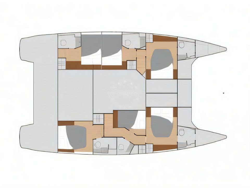 Layout of Saba 50 Quintet (6+1) catamaran with 6 cabins Croatia yacht charter