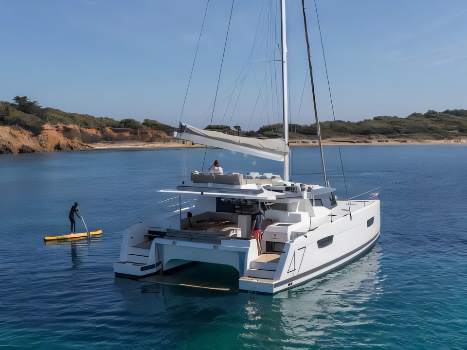 Exterior overview of FP Saona 47 catamaran for charter from SCT Marina Trogir in the Split sailing area Croatia