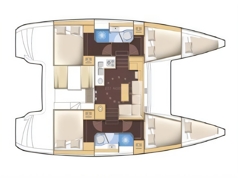 Layout of Lagoon 39 catamaran with 6 cabins Croatia yacht charter