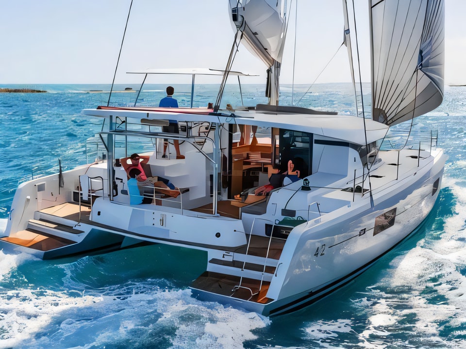 Exterior overview of Lagoon 42 catamaran for charter from SCT Marina Trogir in the Split sailing area Croatia