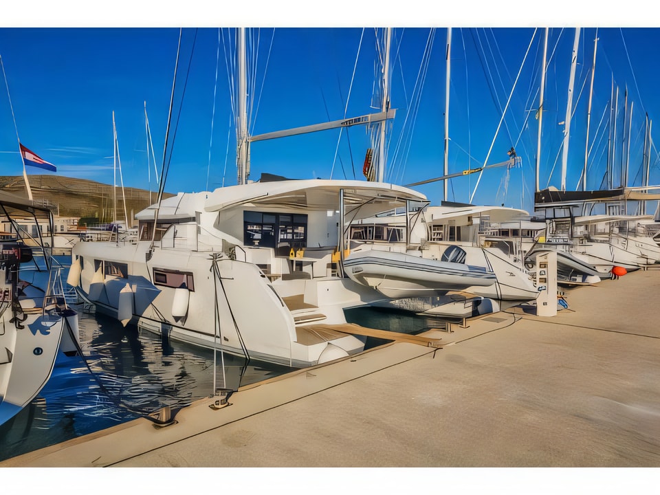 Exterior overview of Lagoon 50 Fly catamaran for charter from Seget Donji Marina Baotic in the Split sailing area Croatia