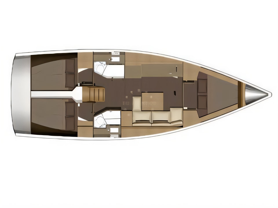 Layout of Dufour 382 GL sail boat with 3 cabins Croatia yacht charter