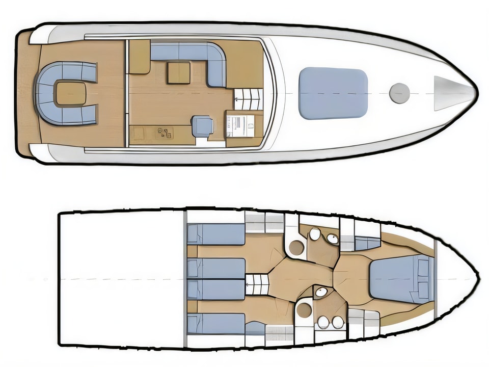 Layout of Alena 54 motoryacht with 3 cabins Croatia yacht charter