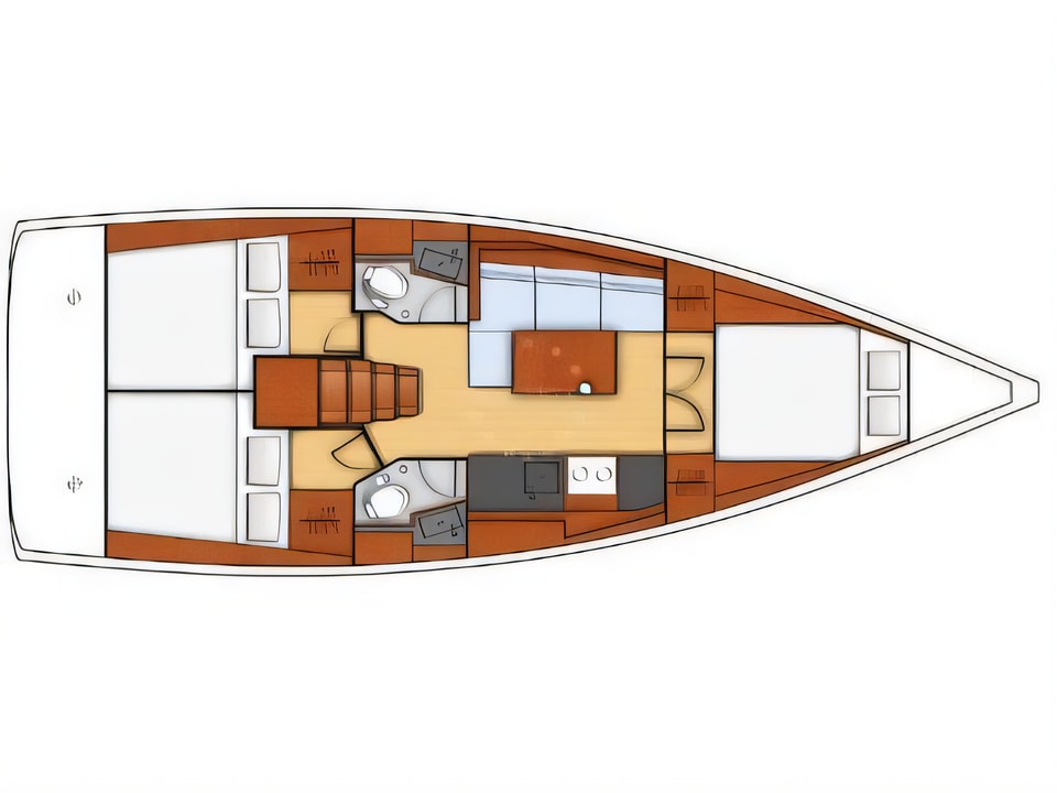 Layout of Oceanis 38.1 sail boat with 3 cabins Croatia yacht charter