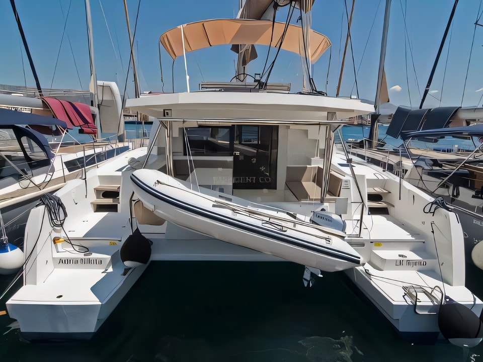 Exterior overview of Bali 4.5 catamaran for charter from Split ACI Marina in the Split sailing area Croatia
