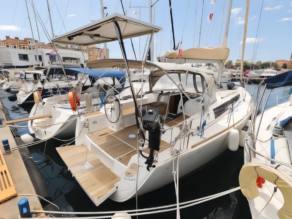 Exterior overview of Dufour 380 sail boat for charter from Zadar Marina in the Kornati sailing area Croatia