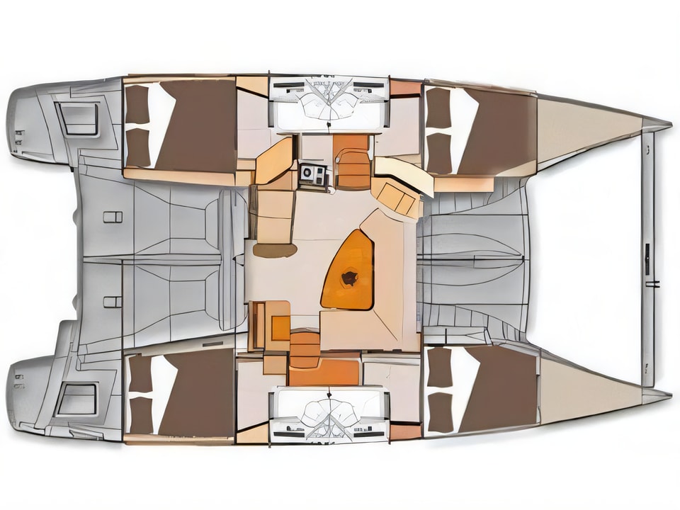 Layout of Lipari 41 catamaran with 4 cabins Croatia yacht charter