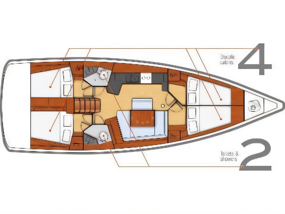 Layout of Oceanis 45 (4 cabs) sail boat with 4 cabins Croatia yacht charter