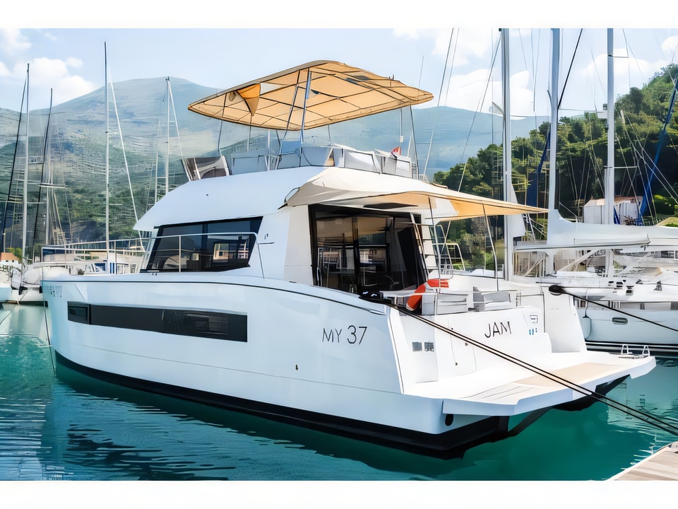 Exterior overview of Fountaine Pajot MY 37[G] power catamaran for charter from Slano ACI Marina in the Dubrovnik sailing area Croatia