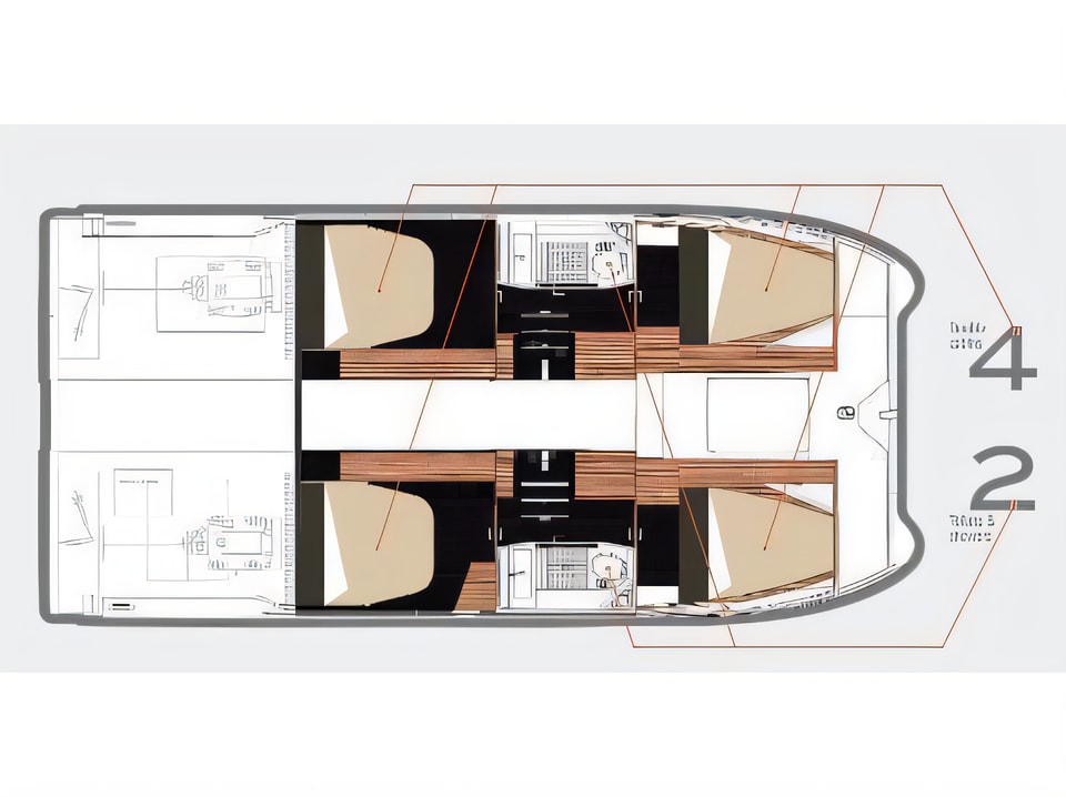 Layout of Fountaine Pajot MY 37[G] power catamaran with 4 cabins Croatia yacht charter