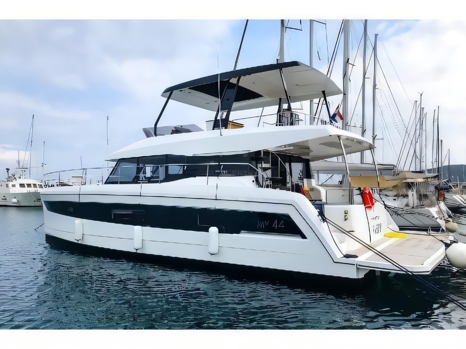 Exterior overview of Fountaine Pajot MY 44 power catamaran for charter from Slano ACI Marina in the Dubrovnik sailing area Croatia