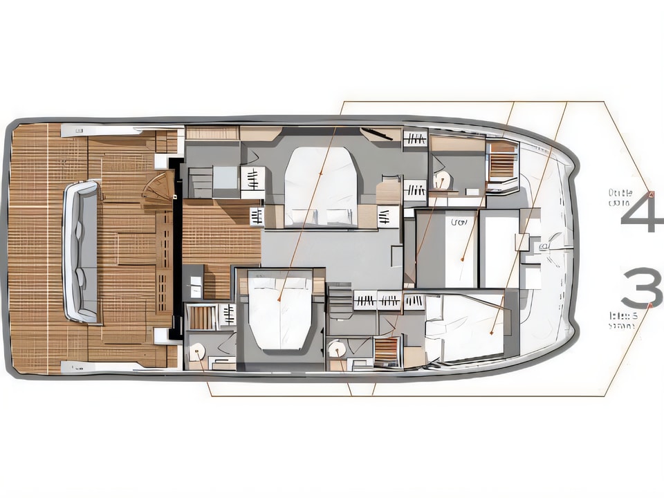 Layout of Fountaine Pajot MY 44 power catamaran with 4 cabins Croatia yacht charter
