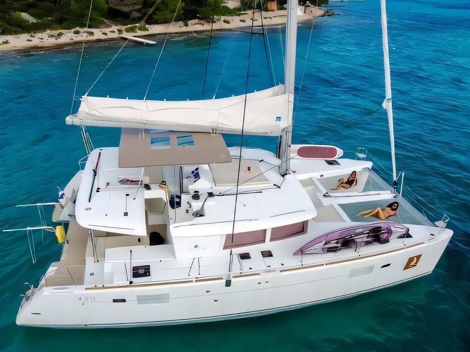 Exterior overview of Lagoon 450 F Luxury catamaran for charter from SCT Marina Trogir in the Split sailing area Croatia