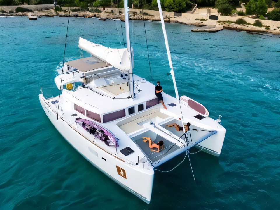 Exterior overview of Lagoon 450 Luxury catamaran for charter from SCT Marina Trogir in the Split sailing area Croatia