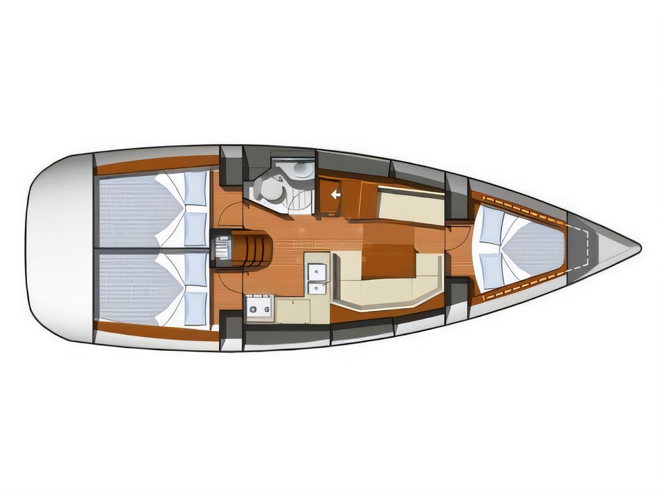 Layout of Sun Odyssey 36i sail boat with 3 cabins Croatia yacht charter