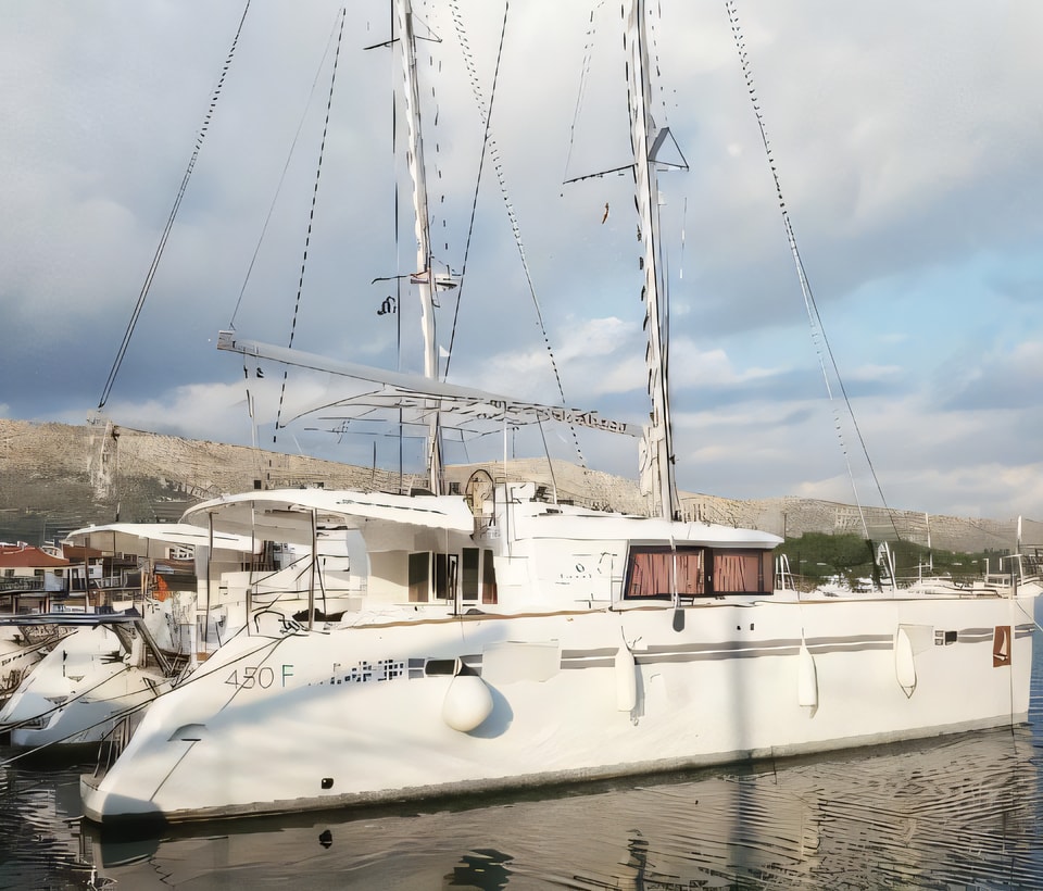 Exterior overview of Lagoon 450 F Luxury catamaran for charter from SCT Marina Trogir in the Split sailing area Croatia